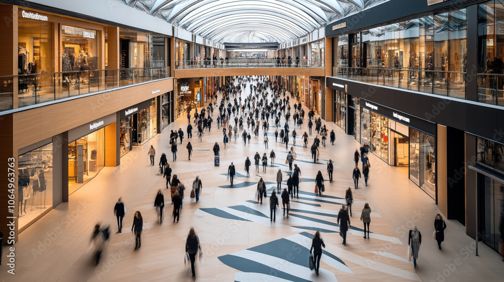 Obraz premium Vibrant indoor mall with large crowd of people walking along a spacious corridor lined with modern retail stores and glass storefronts under a bright, arched ceiling.