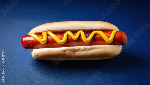 Perfectly Grilled Hot Dog in a Soft Split Top Bun with Wavy Mustard Drizzle on a Vibrant Blue Background. Ideal for Food Advertisements, BBQ Promotions, and American Street Food Concepts photo