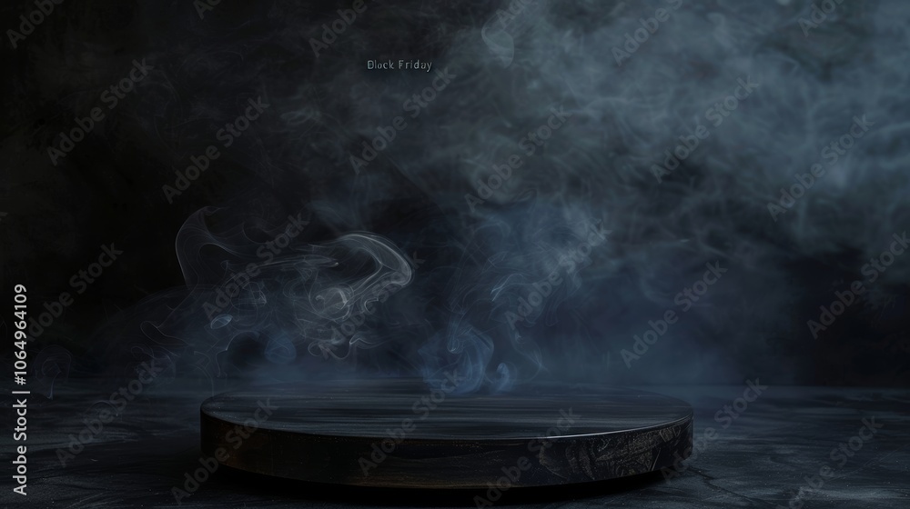 Mysterious black room with wooden tabletop and swirling smoke for black friday shopping event