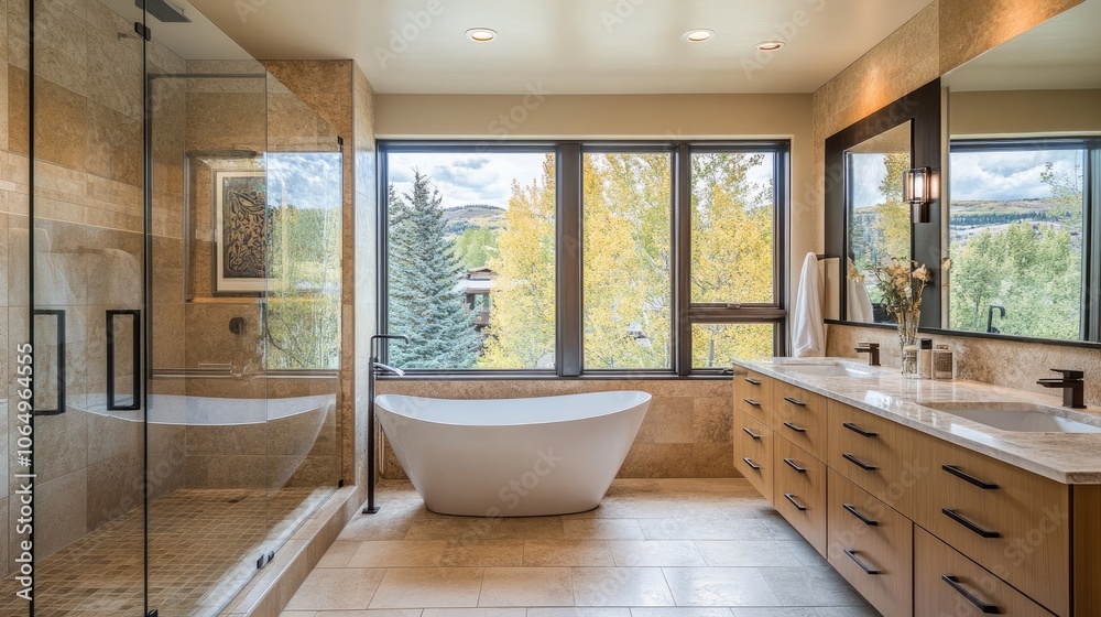 Fototapeta premium Modern Luxury Bathroom with Scenic View and Natural Light