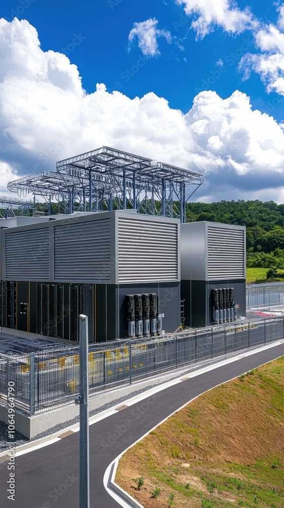 The mockup features a modern data center with external power generators and cooling systems The mockup features a modern data center with external power generators and cooling systems