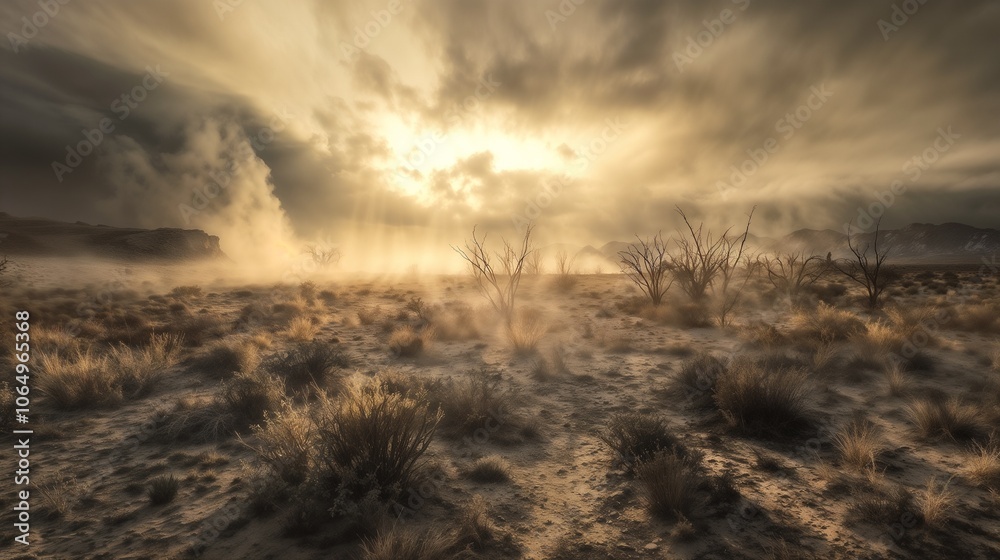 Obraz premium The sun shines through fluffy clouds over a vast desert landscape