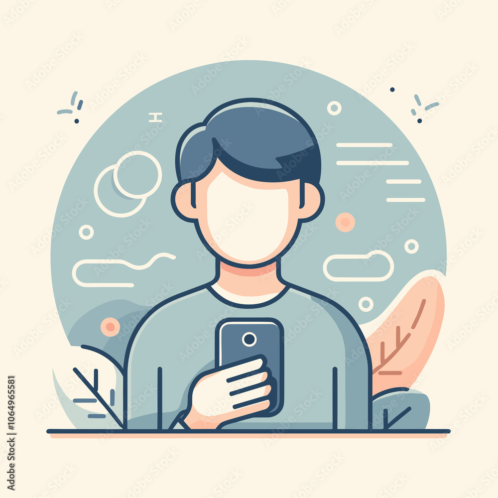 Young man holding a smartphone with a neutral expression, surrounded by abstract shapes and plants in a minimalistic design Young man holding a smartphone with a neutral expression, surrounded by abstract shapes and plants in a minimalistic design