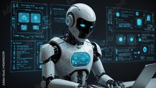 a futuristic robot using computer and holographic screens