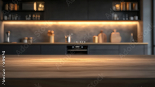 A wooden dining table with a kitchen in the background