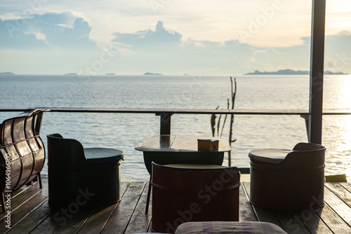 tables in a cafe on the shore of the warm sea.