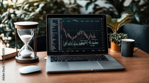 Laptop displaying stock market chart on desk with hourglass and coffee mug beside potted plant and mouse. photo