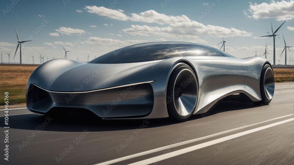 Naklejka premium Futuristic silver car driving along a highway near wind turbines under a clear sky during daylight hours