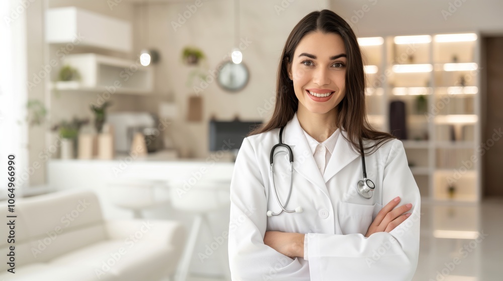 In a bright modern medical office, a confident female doctor in a white coat smiles warmly, embodying a friendly and professional healthcare presence, creating a sense of trust and comfort In a bright modern medical office, a confident female doctor in a white coat smiles warmly, embodying a friendly and professional healthcare presence, creating a sense of trust and comfort
