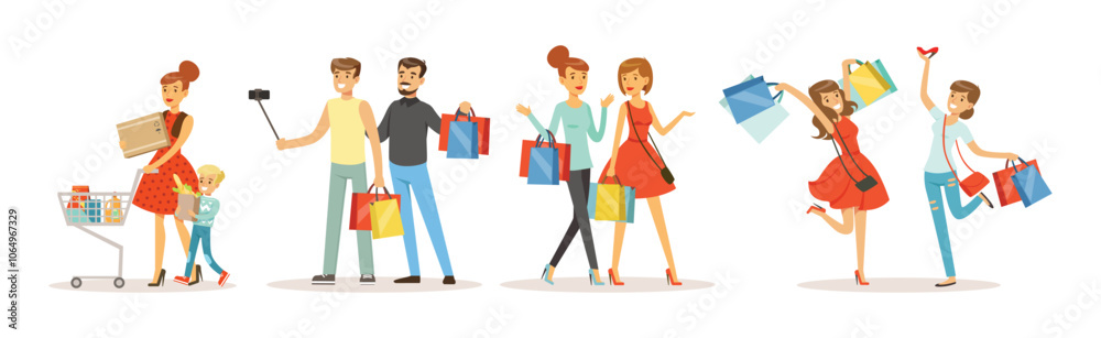 People Character Shopping at Store Make Purchase Vector Set People Character Shopping at Store Make Purchase Vector Set