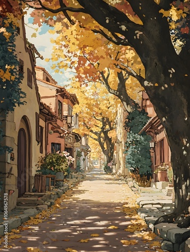 Old Japanese village street covered in fallen autumn leaves