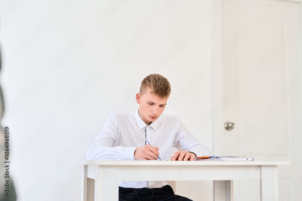 Obraz premium Portrait of a high school student in a white uniform doing homework, sitting at a table with textbooks, writing in a notebook