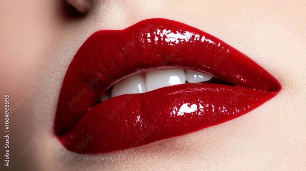 Fototapeta premium Red glossy lips close-up, highlighting smooth texture and vibrant color for a bold, elegant look.