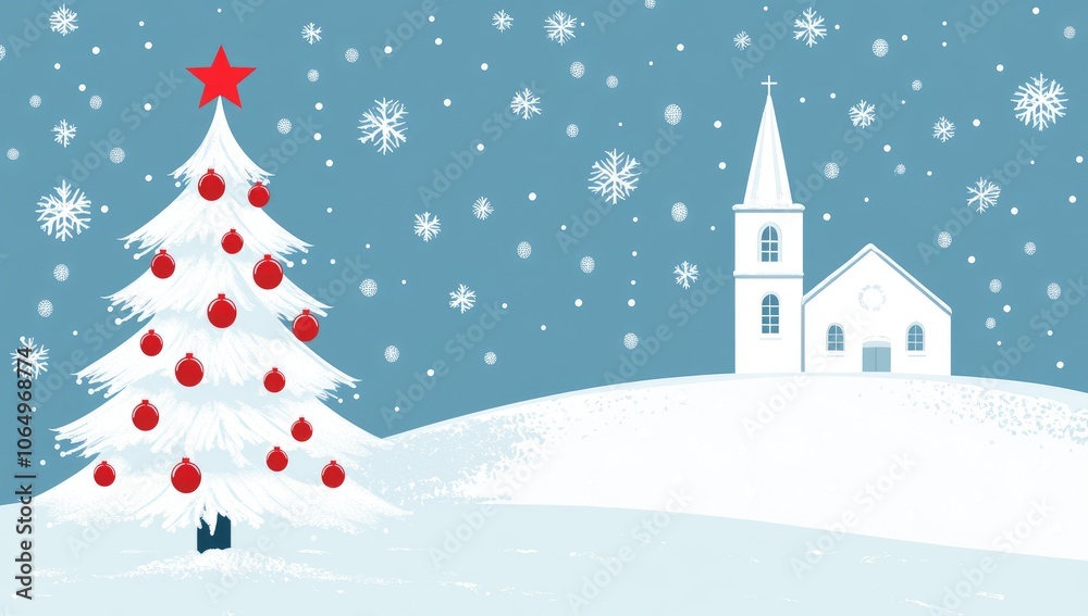 Obraz premium White Christmas Tree with Red Ornaments and Church in Snowy Landscape, Vector Illustration on Blue Background for Christmas Card