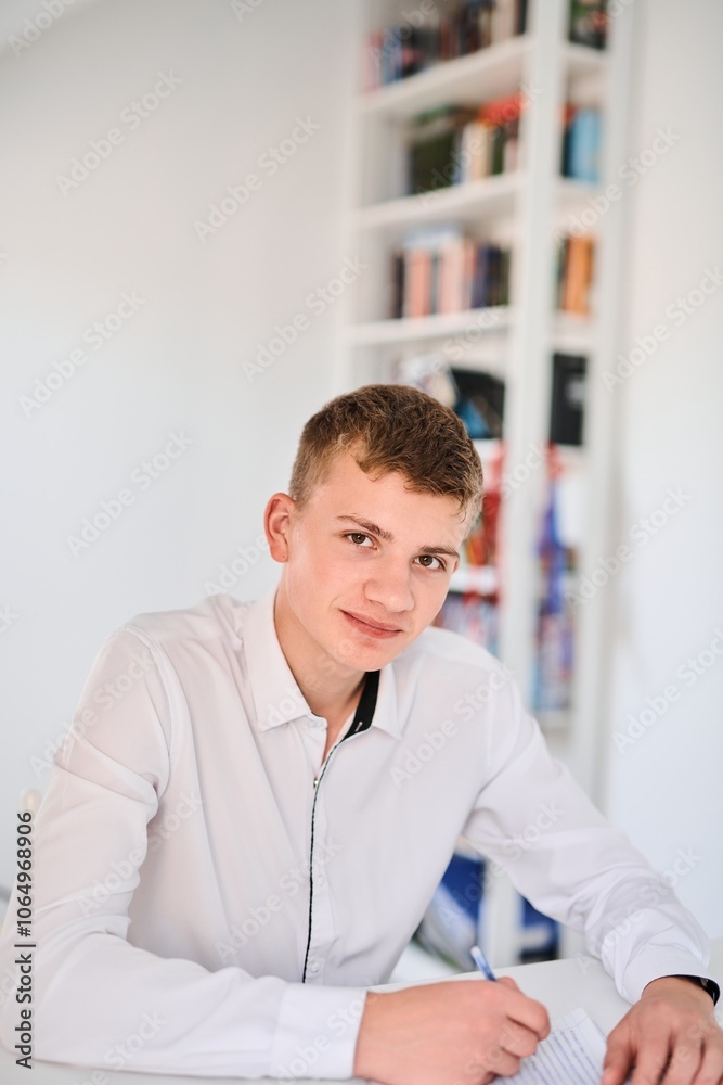 Portrait of a high school student in a white uniform doing homework, sitting at a table with textbooks, writing in a notebook Portrait of a high school student in a white uniform doing homework, sitting at a table with textbooks, writing in a notebook