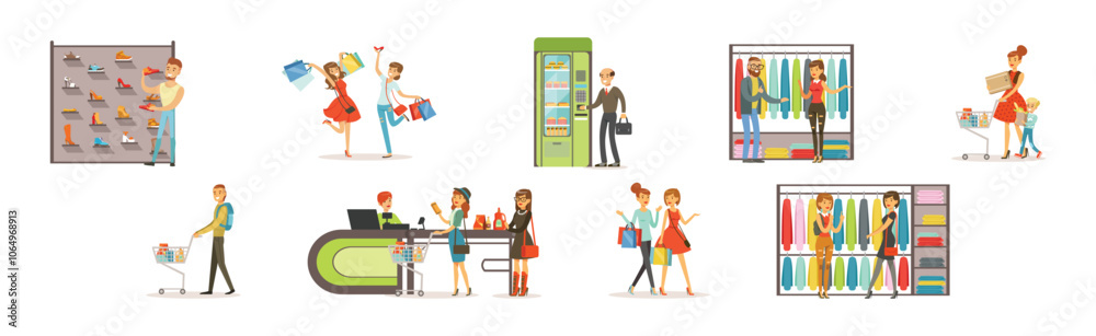 People Character Shopping at Store Make Purchase Vector Set People Character Shopping at Store Make Purchase Vector Set