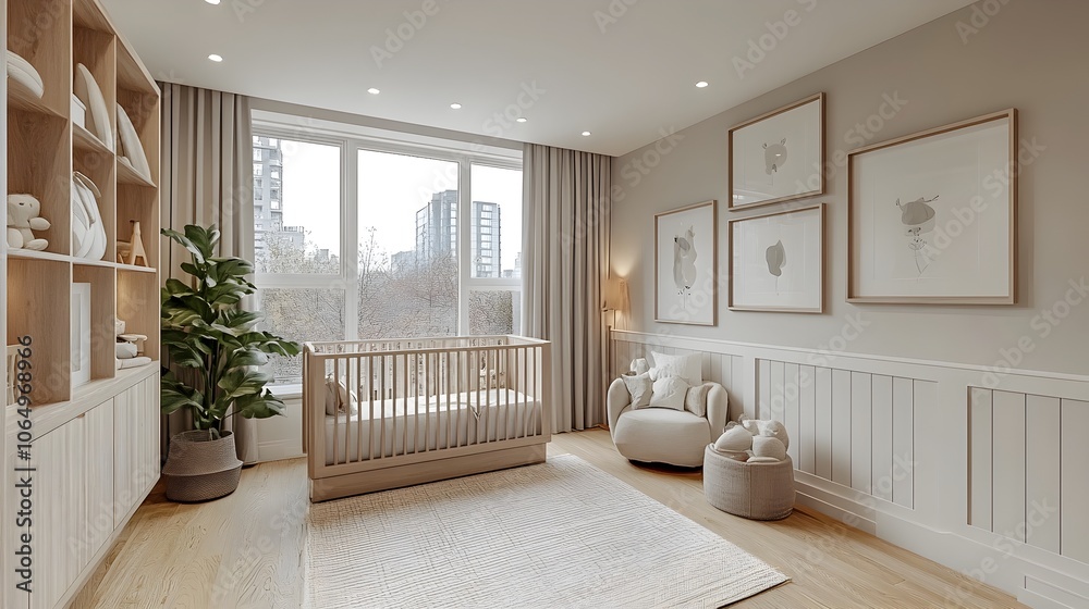 Fototapeta premium Elegant and Serene Pastel Toned Nursery with a Stylish Modern Crib Light Wood Flooring and Minimalistic Storage Solutions for a Calming and Inviting Space