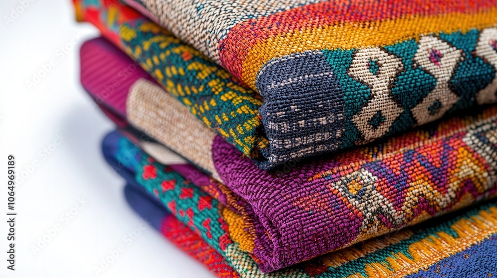 Stack of colorful woven fabrics with intricate patterns, showcasing vibrant colors and traditional textile craftsmanship on a white background.