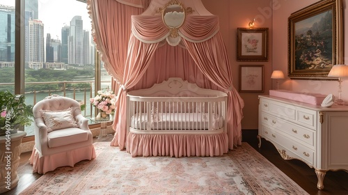 Exquisite pastel toned nursery with a chic crib adorned in satin fabrics high end decor and lavish wall art showcasing a sophisticated and serene aesthetic for a luxurious infant s bedroom photo