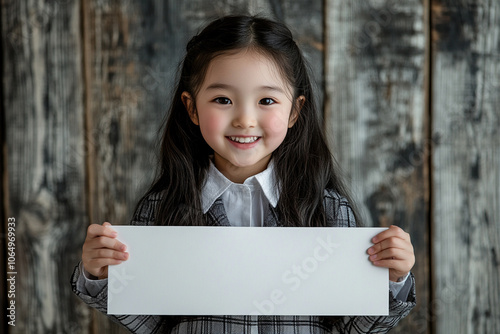 Young smiling asian girl schoolgirl holding plain empty banner for text -copyspace- childrens day, school, demonstration banner.. Horizontal banner. Gray background photo