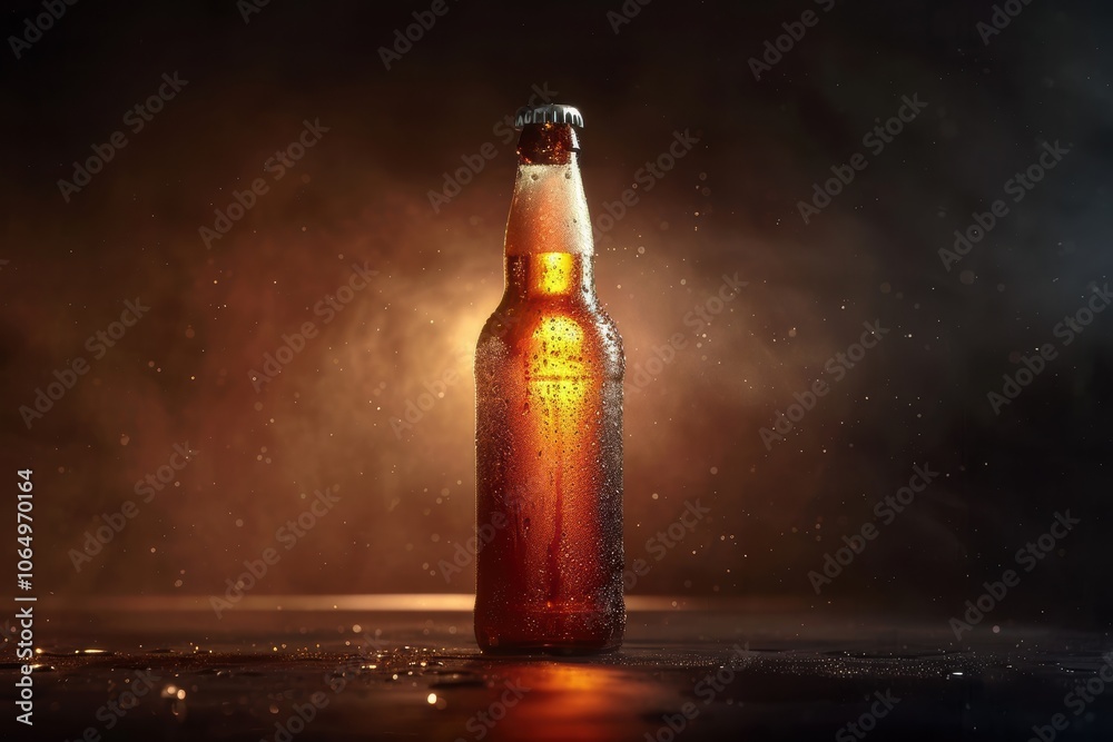 Beer bottle with condensation under dramatic light on a black background Beer bottle with condensation under dramatic light on a black background