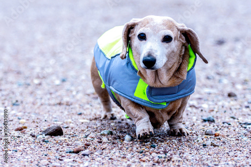 A Miniature Dachshund Dog Enjoying A Walk Along A British Beach photo