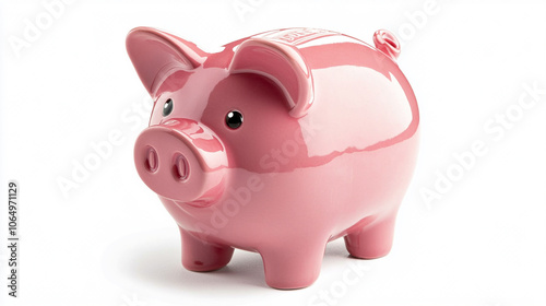 Pink piggy bank on white background - money, savings, frugality, economy horizontal banner