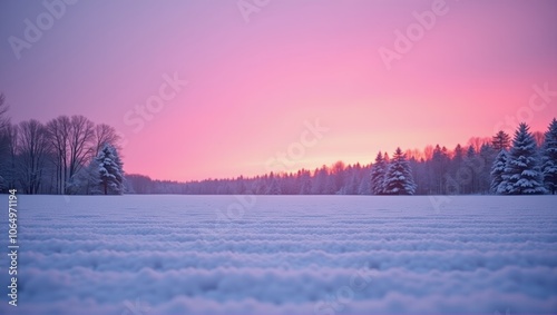 Sunrise over a snowy landscape, pink and purple sky, untouched snowfield, trees silhouette, tranquil winter scene. Generative, AI.