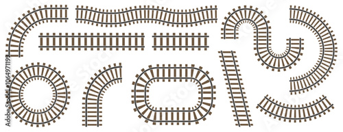 Set of railroad tracks. Straight, wavy and curved rails railway collection. Top view rails