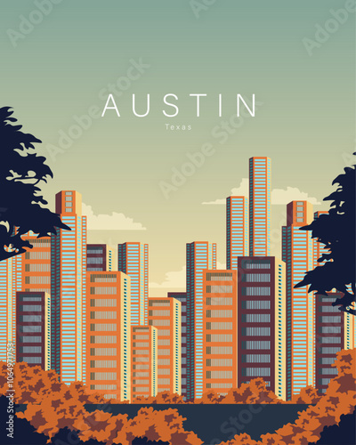 Austin Texas travel poster, postcard, card, banner