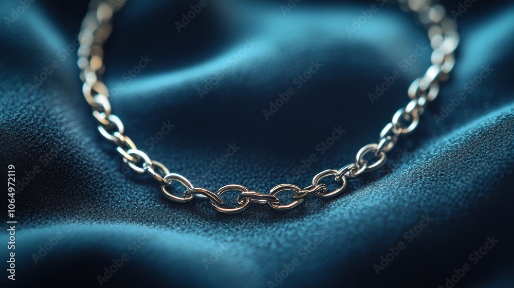 A close-up of a delicate silver necklace with intricate chain links, shimmering under soft lighting on a velvet background A close-up of a delicate silver necklace with intricate chain links, shimmering under soft lighting on a velvet background