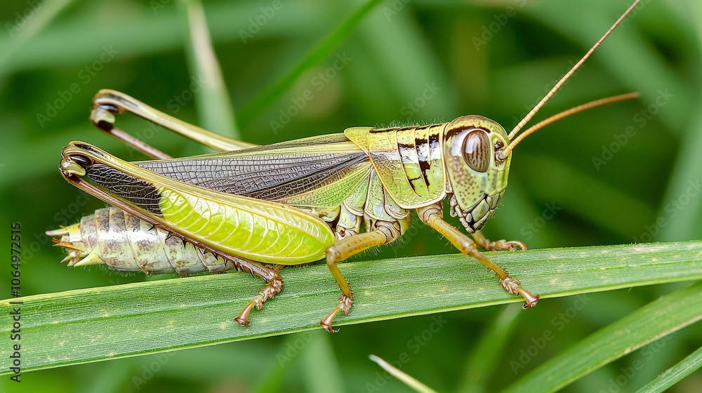 A detailed close-up of a green grasshopper perched on a blade of grass, showcasing its intricate features and natural habitat in a vibrant, lush environment. A detailed close-up of a green grasshopper perched on a blade of grass, showcasing its intricate features and natural habitat in a vibrant, lush environment.