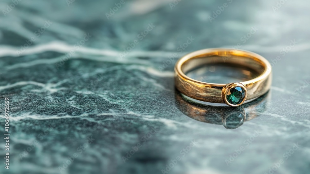 A close-up of a green gold ring with a gemstone, resting elegantly on a marble surface A close-up of a green gold ring with a gemstone, resting elegantly on a marble surface