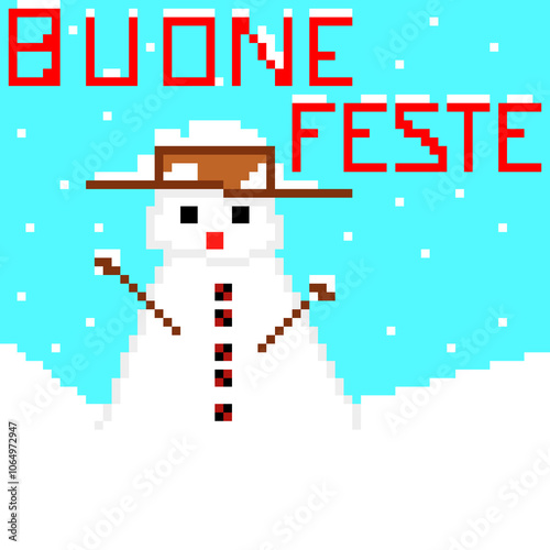 Obraz na płótnie Sfondo con pupazzo di neve e la scritta Buone feste in pixel w salonie