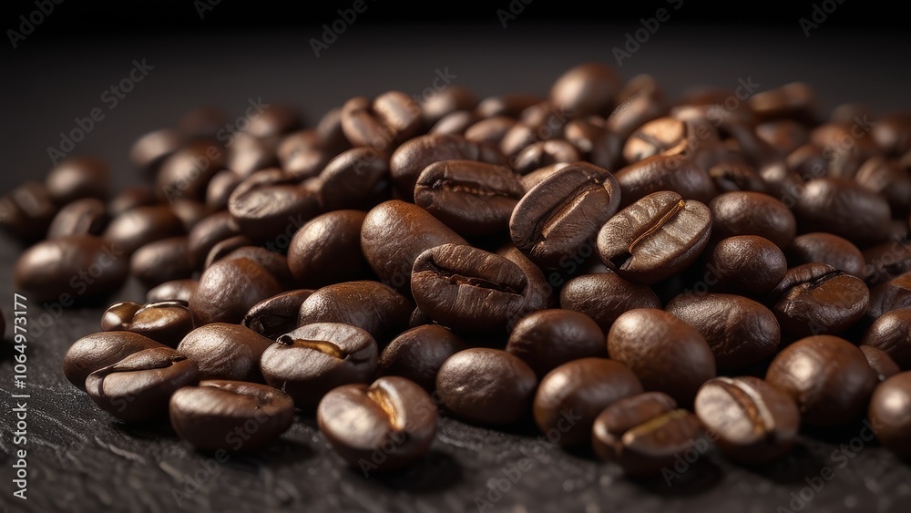 Fototapeta premium A close-up of freshly roasted coffee beans arranged in a pile, showcasing their rich color and texture, perfect for coffee lovers and culinary themes