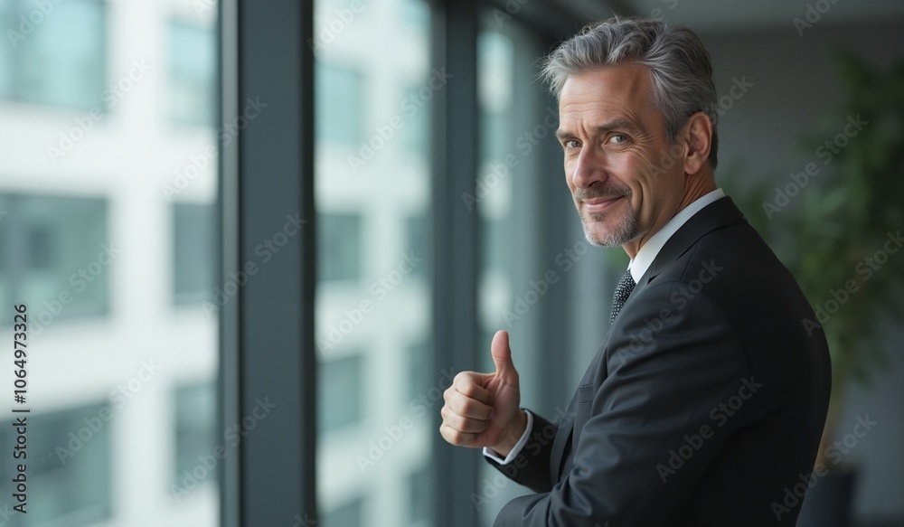 Confident businessman with thumbs up gesture against office window background Confident businessman with thumbs up gesture against office window background