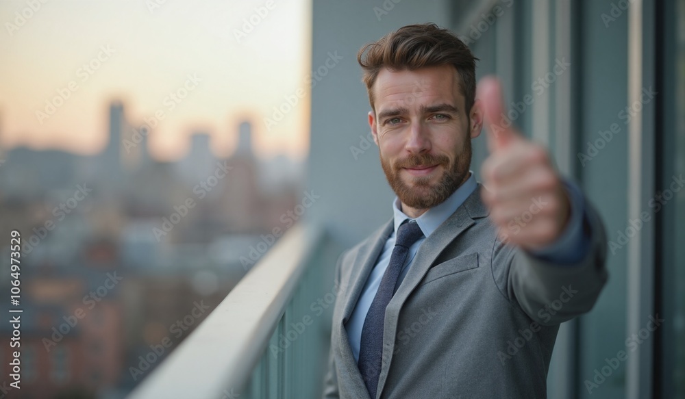 Confident businessman with thumbs up gesture against urban skyline Confident businessman with thumbs up gesture against urban skyline