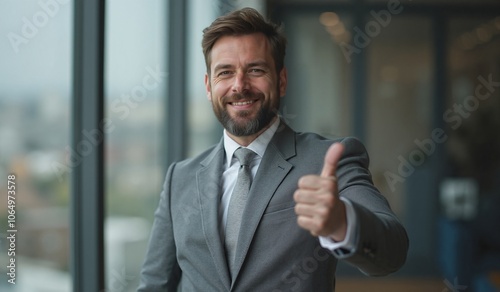 Businessman with cheerful smile giving thumbs up against office window