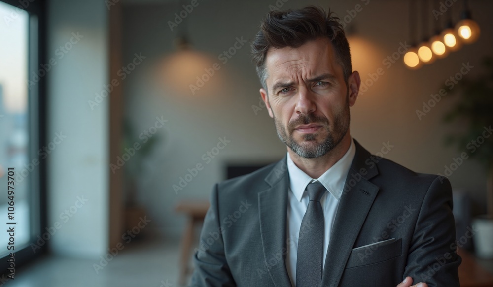 Businessman with serious expression looking thoughtful against modern office background Businessman with serious expression looking thoughtful against modern office background