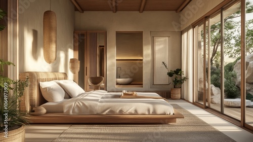 Zen-inspired bedroom with neutral tones, a low bed, and Japanese screens.