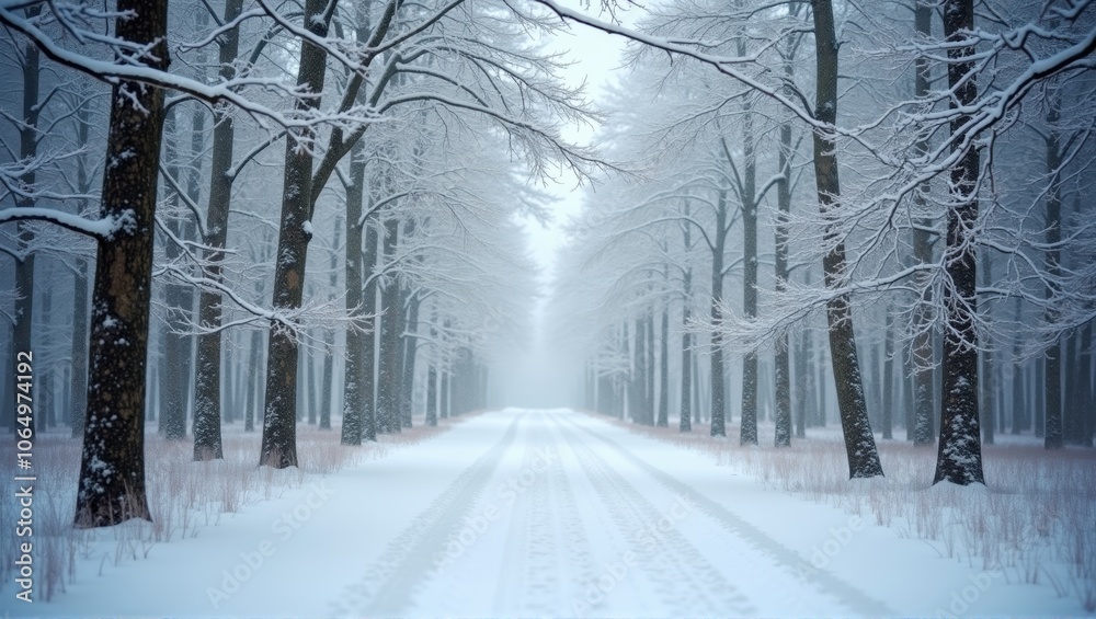 Snow-covered path lined by trees, winter scene, tranquil and serene atmosphere, nature’s beauty in cold weather. Generative, AI, Snow-covered path lined by trees, winter scene, tranquil and serene atmosphere, nature’s beauty in cold weather. Generative, AI,