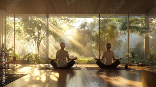 Wallpaper Mural Serene Morning Yoga Bliss: A Senior Couple Meditates Together in a Modern Living Space – Perfect as a Motivational Poster for Wellness and Fitness Inspiration Torontodigital.ca