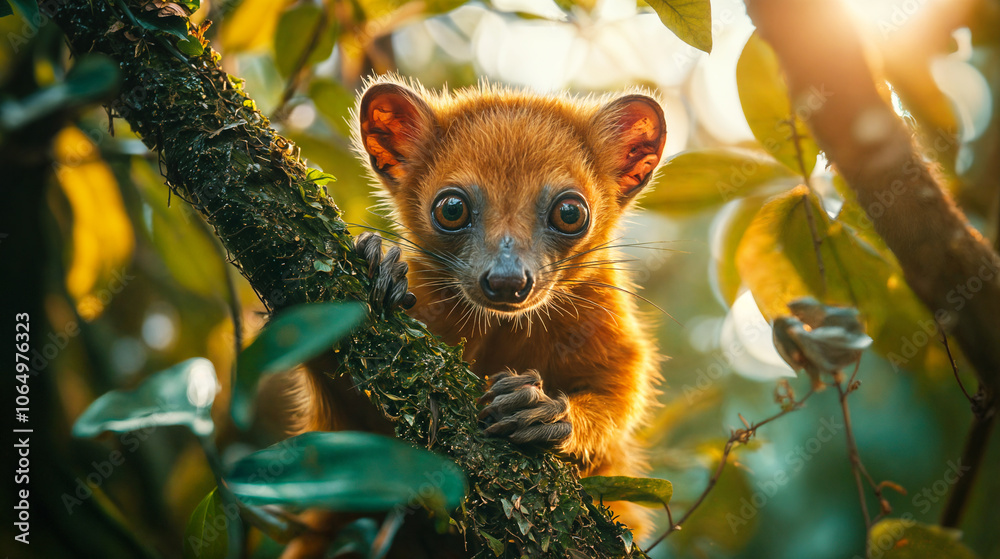 Fototapeta premium Curious Kinkajou Peering Through the Forest in Sunlit Jungle