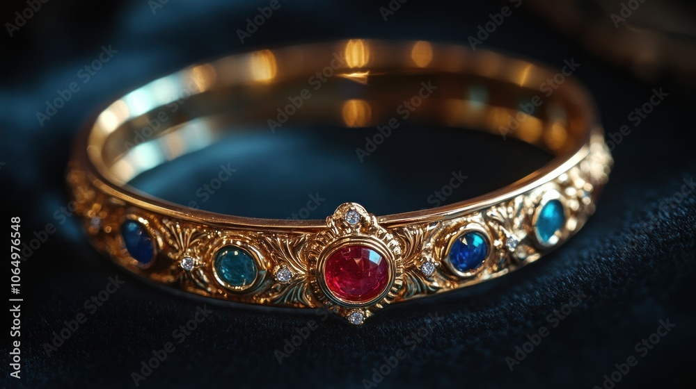 A gold bracelet with a gemstone centerpiece placed on a dark velvet background, capturing the shine of the metal A gold bracelet with a gemstone centerpiece placed on a dark velvet background, capturing the shine of the metal