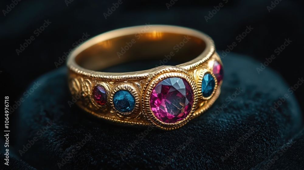 A gold ring with a gemstone centerpiece set against a black velvet backdrop A gold ring with a gemstone centerpiece set against a black velvet backdrop