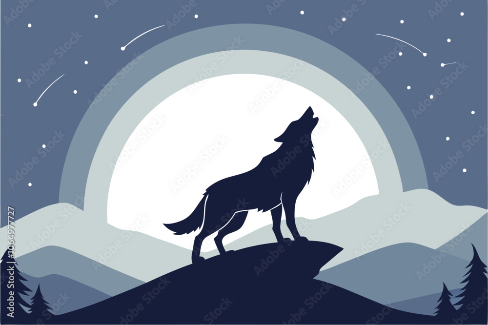 Howling Wolf Silhouette Vector at Full Moon