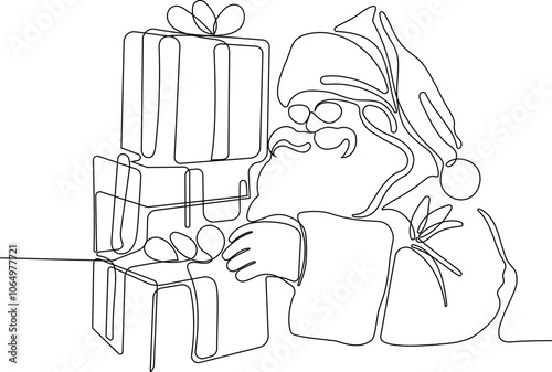 Outlined Cute Santa Claus Cartoon Character With A Sack Full Of Gifts. Vector Hand Drawn Illustration. One continuous line drawing Santa Claus on reindeer and sled. concept for Christmas and New Year