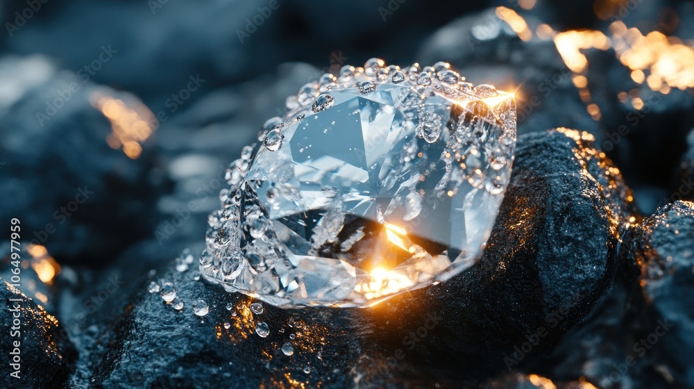 A macro shot of a diamond with water droplets clinging to its edges, highlighting the clarity and brilliance of both the stone and the water