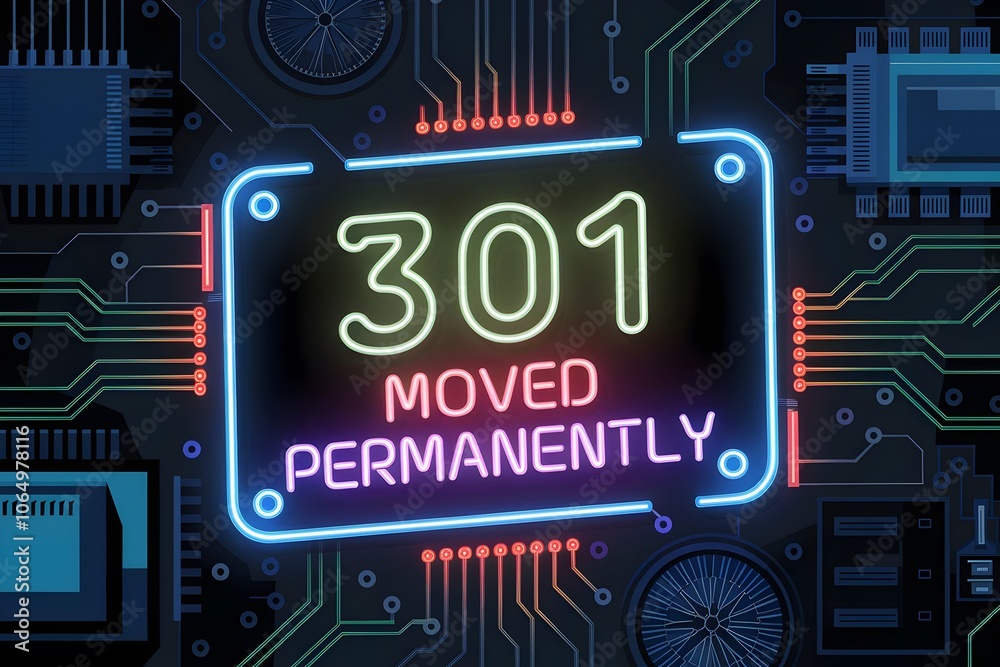Fototapeta premium 301 Moved Permanently - HTTP Status Code in Neon Style on Circuit Board Background - Tech Error Message Design Illustration