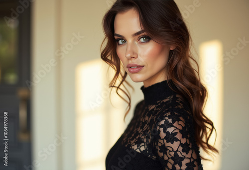Elegant lady with wavy hair in a black lace dress Free Download Elegant lady with wavy hair in a black lace dress - GFXLoad